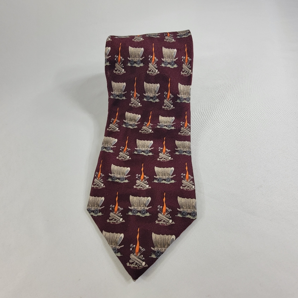 Circle S Neckwear by Sidran Red Western Covered Wagon Campfire 100% Silk Tie